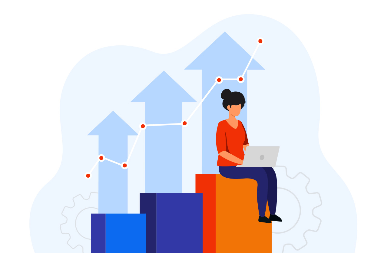 Animated female sits on top of an animated decorative bar chart looking at her laptop.