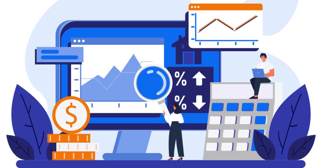 Blue and orange animation with assorted graphs and a calculator.
