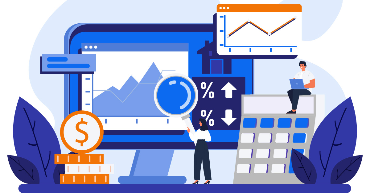 Blue and orange animation with assorted graphs and a calculator.